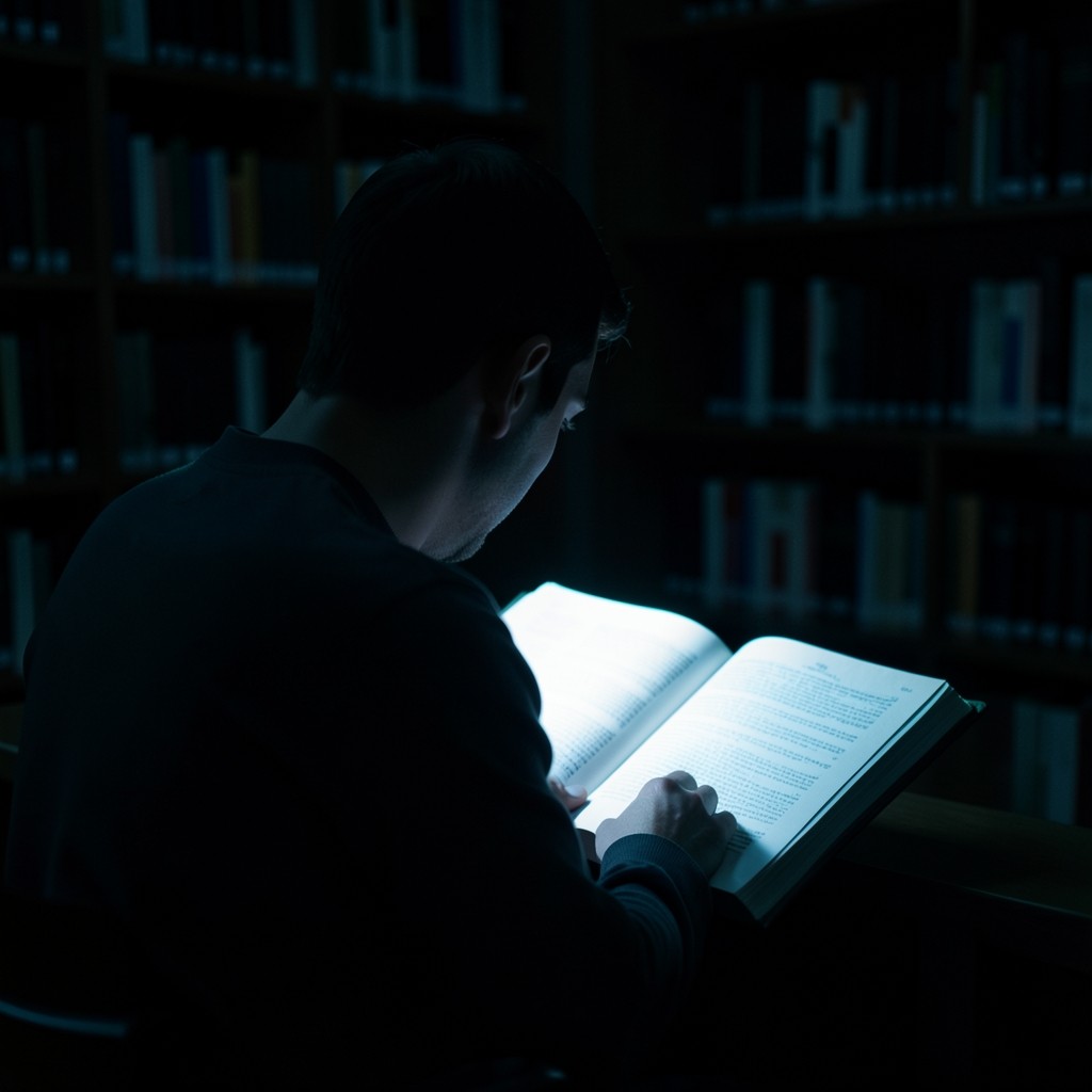 The Mentisvertex reading room: wooden shelves, a long table, and one warm lamp against a dark wall