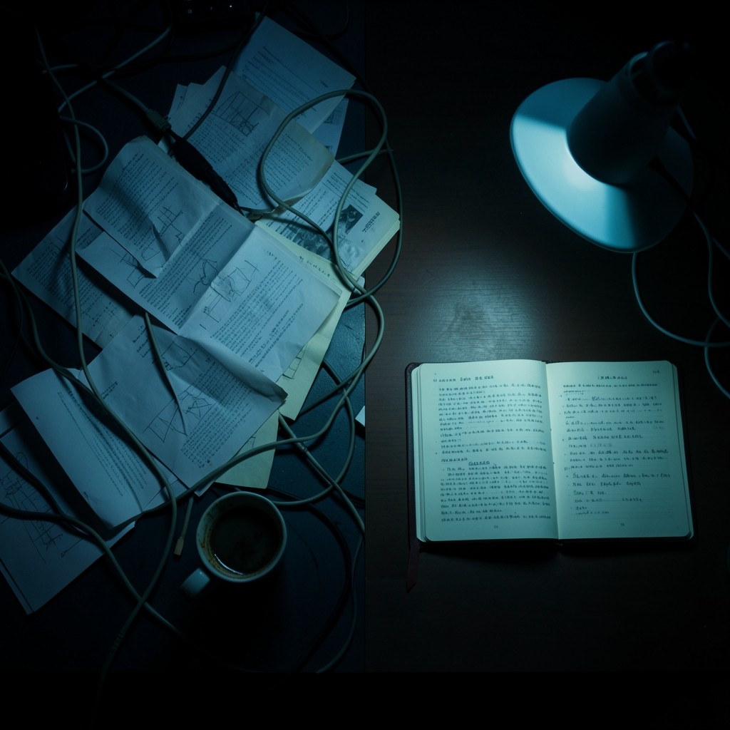A reader's desk before and after a guided reading path: a pile of printed threads replaced by a single annotated bundle
