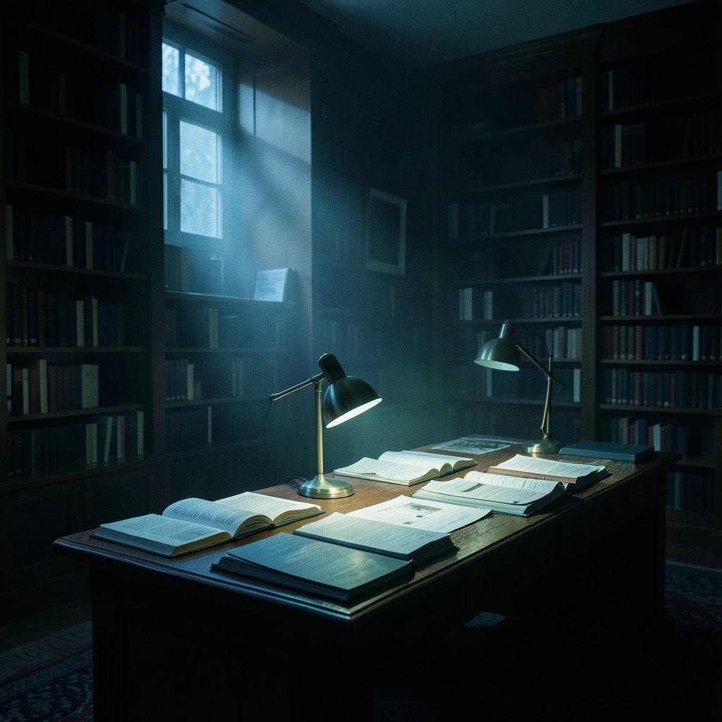 A single reading lamp over an open Solana guide in a dark library room